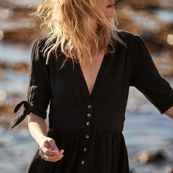 Free People Love Of My Life Dress Women's Size Small Black Midi Tie Button - Picture 2 of 9